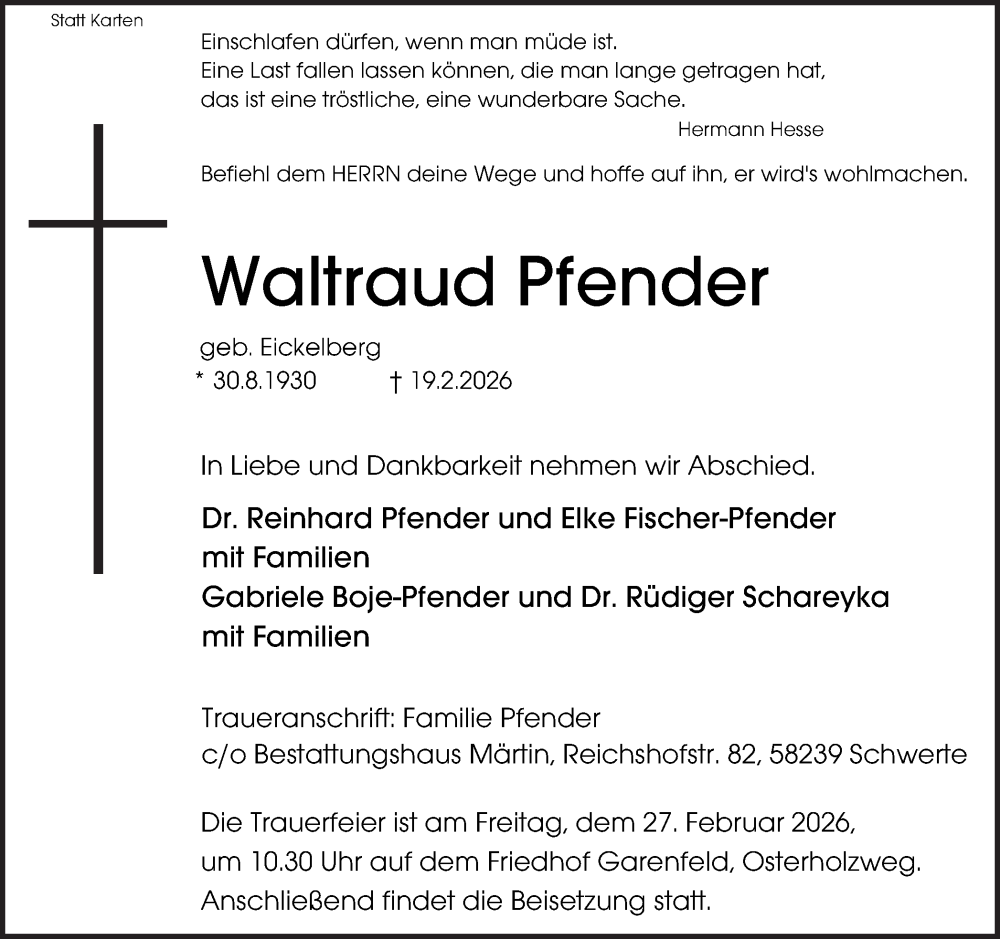  Traueranzeige für Waltraud Pfender vom 24.02.2026 aus Ruhr Nachrichten