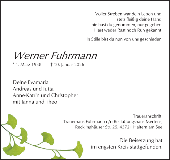 Traueranzeige von Werner Fuhrmann von Ruhr Nachrichten und Halterner Zeitung