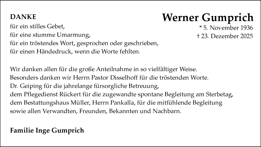  Traueranzeige für Werner Gumprich vom 14.02.2026 aus Ruhr Nachrichten
