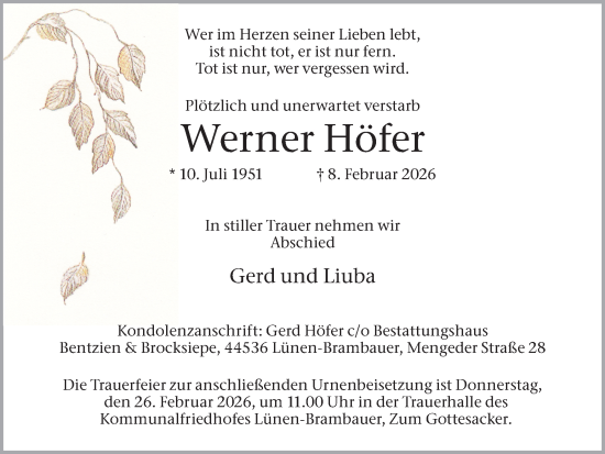 Traueranzeige von Werner Höfer von Lüner Anzeiger