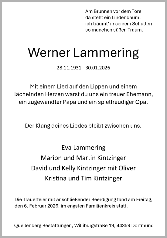 Traueranzeige von Werner Lammering von Ruhr Nachrichten