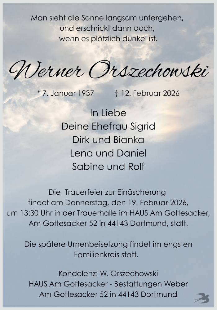  Traueranzeige für Werner Orszechowski vom 14.02.2026 aus Ruhr Nachrichten