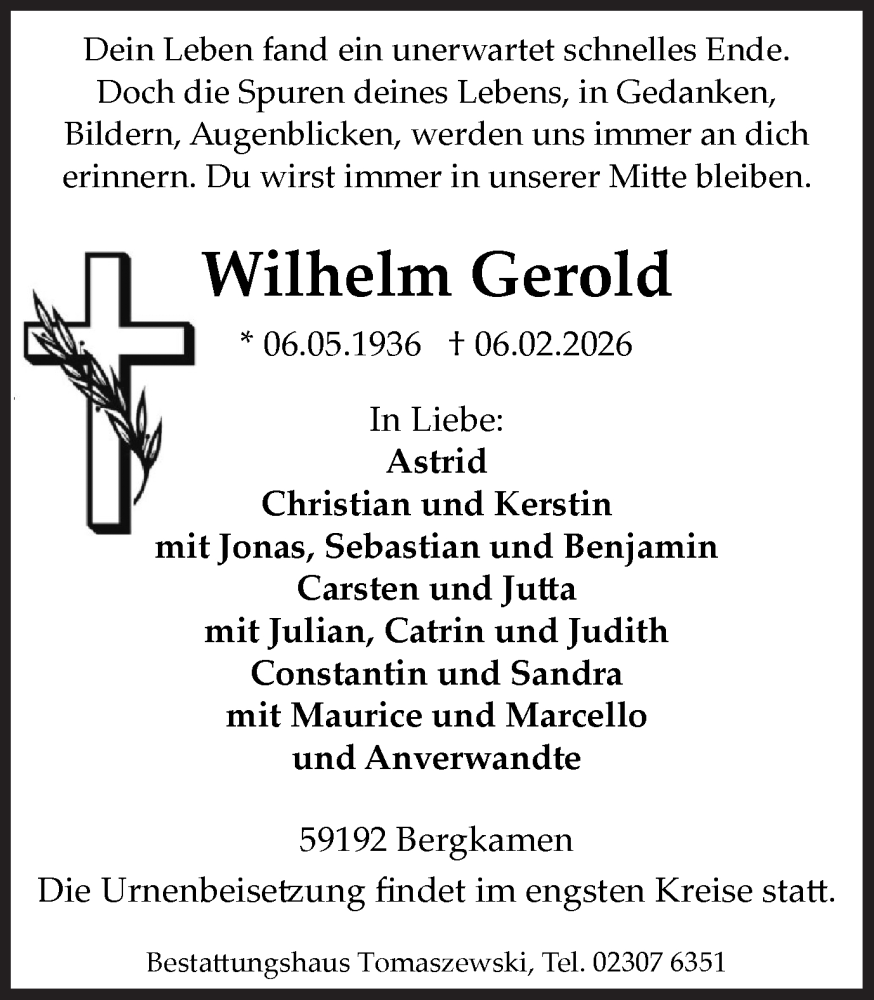 Traueranzeige für Wilhelm Gerold vom 14.02.2026 aus Hellweger Anzeiger