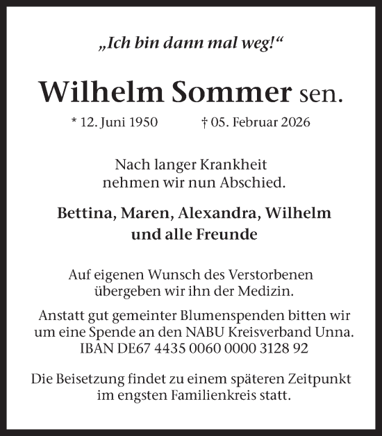 Traueranzeige von Wilhelm Sommer von Hellweger Anzeiger