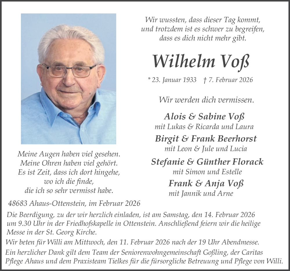 Traueranzeige für Wilhelm Voß vom 10.02.2026 aus Münsterland Zeitung