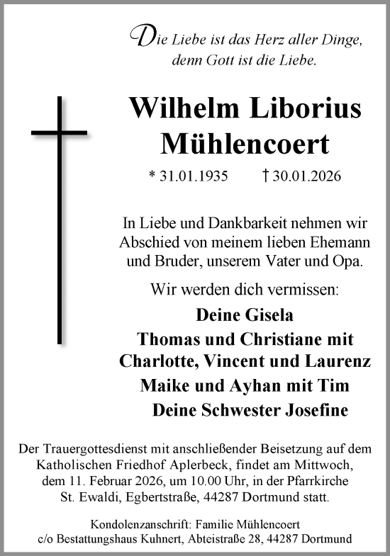 Traueranzeige von Wilhelm Liborius Mühlencoert von Ruhr Nachrichten