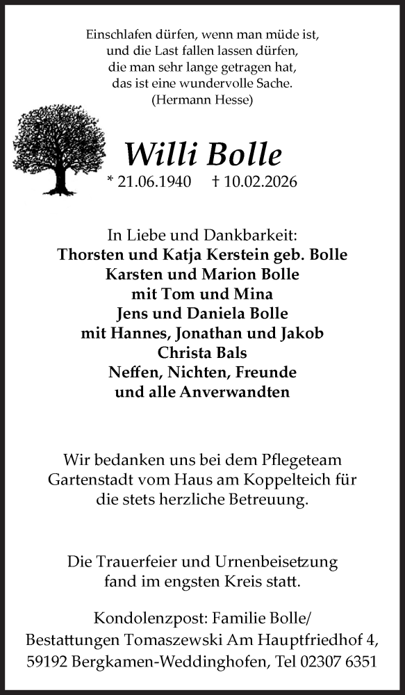  Traueranzeige für Willi Bolle vom 28.02.2026 aus Hellweger Anzeiger