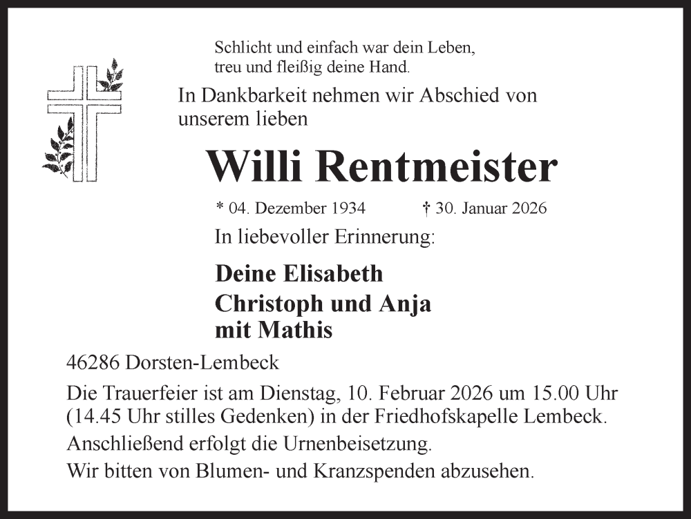  Traueranzeige für Willi Rentmeister vom 07.02.2026 aus Ruhr Nachrichten und Dorstener Zeitung