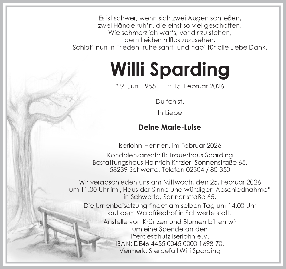  Traueranzeige für Willi Sparding vom 21.02.2026 aus Ruhr Nachrichten