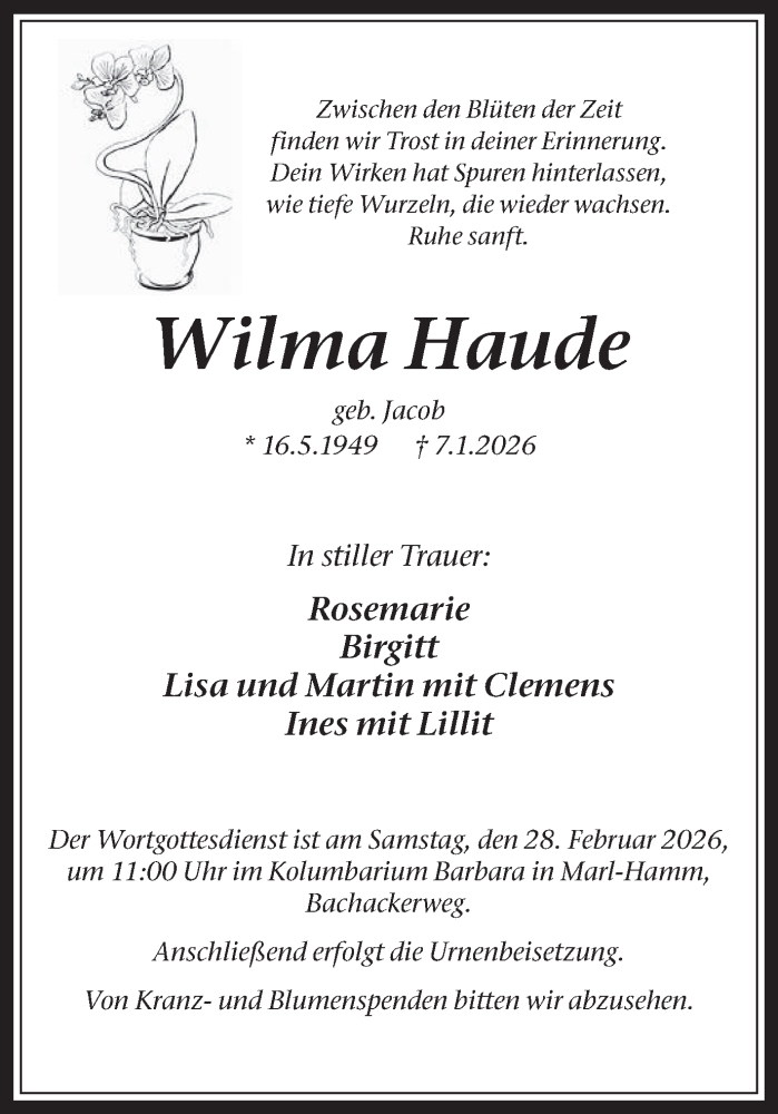  Traueranzeige für Wilma Haude vom 24.02.2026 aus Trauer Vest