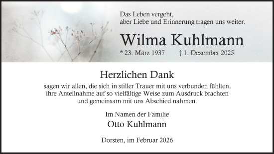 Traueranzeige von Wilma Kuhlmann von Ruhr Nachrichten und Dorstener Zeitung