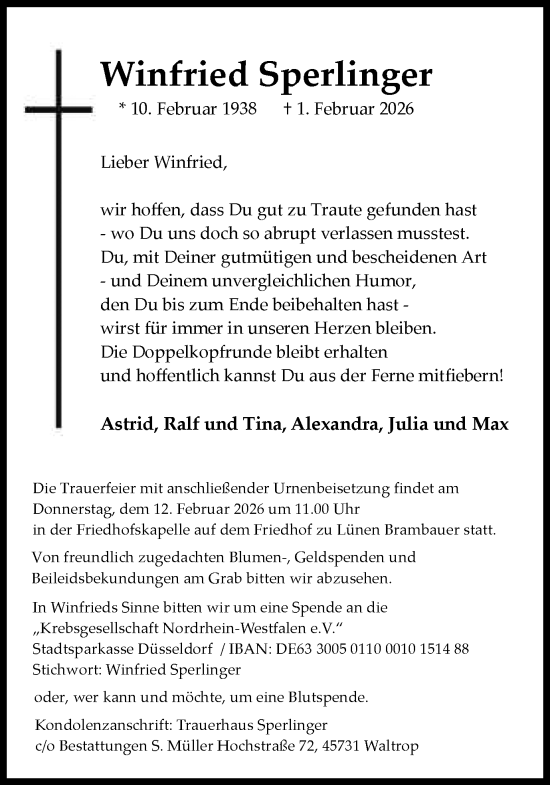 Traueranzeige von Winfried Sperlinger von Ruhr Nachrichten