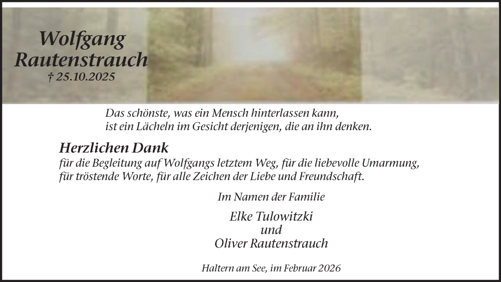  Traueranzeige für Wolfgang Rautenstrauch vom 07.02.2026 aus Ruhr Nachrichten und Halterner Zeitung