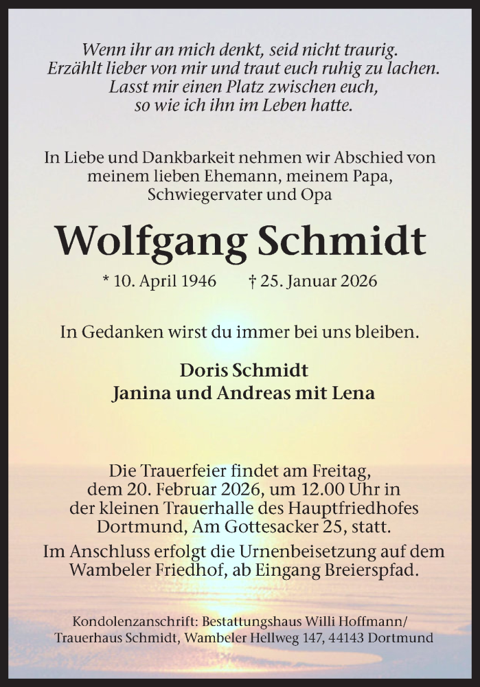  Traueranzeige für Wolfgang Schmidt vom 14.02.2026 aus Ruhr Nachrichten