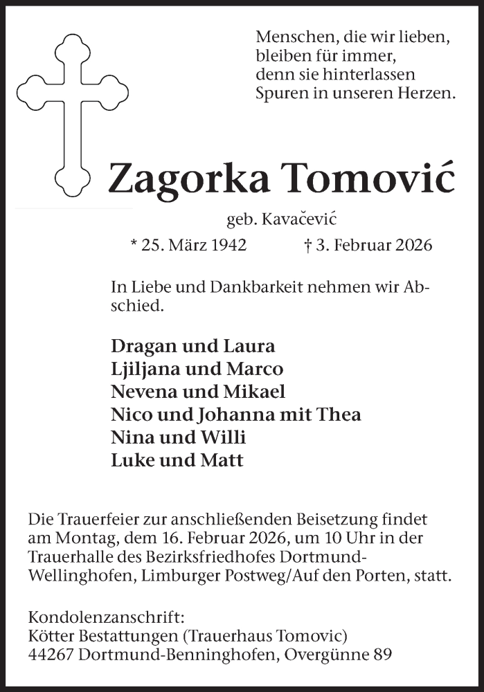  Traueranzeige für Zagorka Tomovic vom 07.02.2026 aus Ruhr Nachrichten
