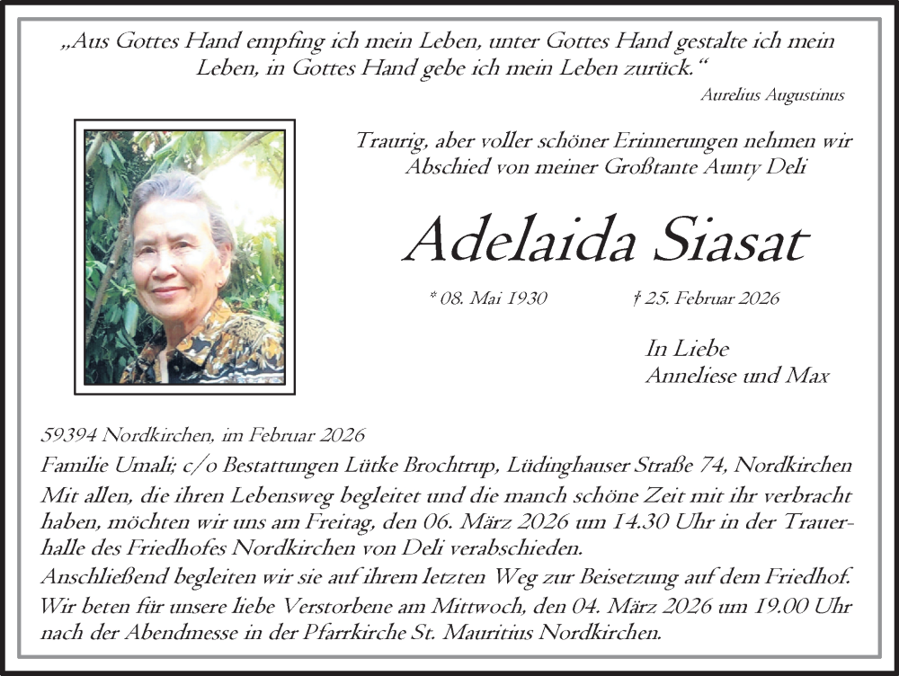  Traueranzeige für Adelaida Siasat vom 28.02.2026 aus Ruhr Nachrichten