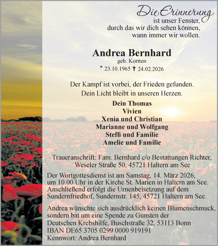  Traueranzeige für Andrea Bernhard vom 28.02.2026 aus Ruhr Nachrichten und Halterner Zeitung