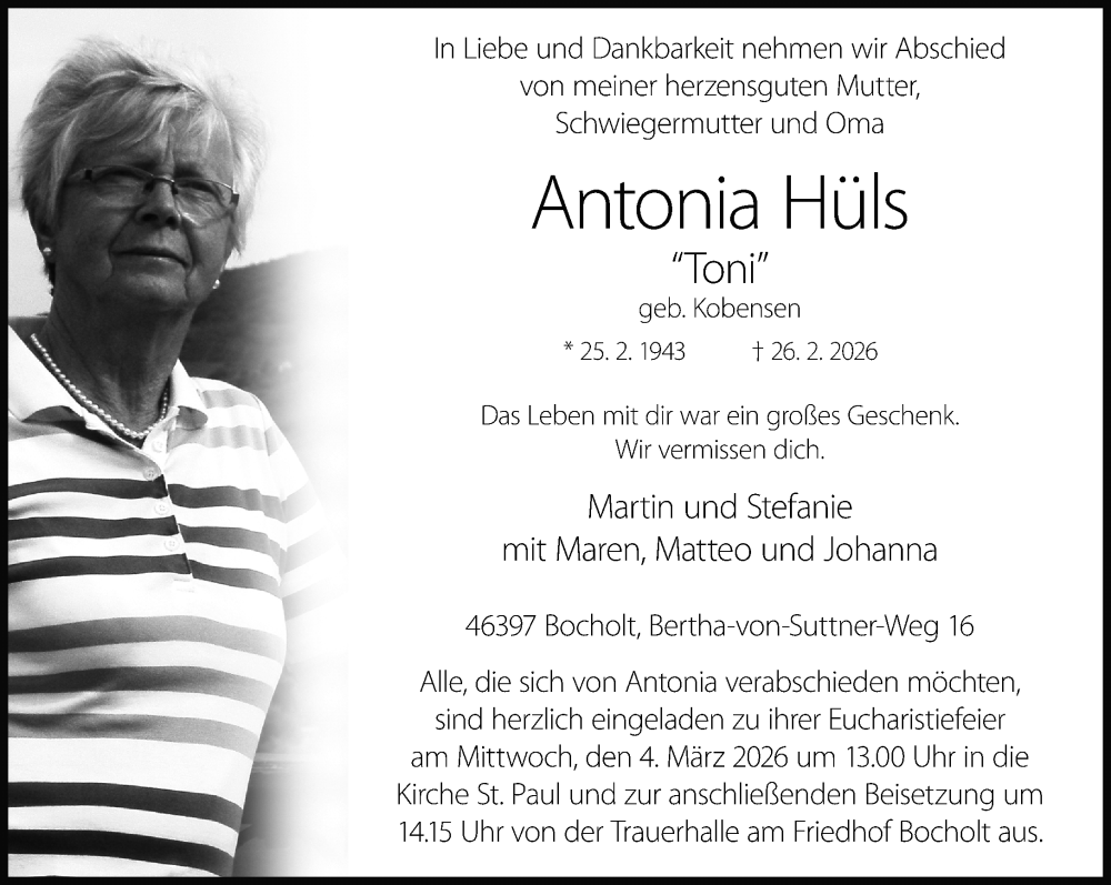  Traueranzeige für Antonia Hüls vom 28.02.2026 aus 
