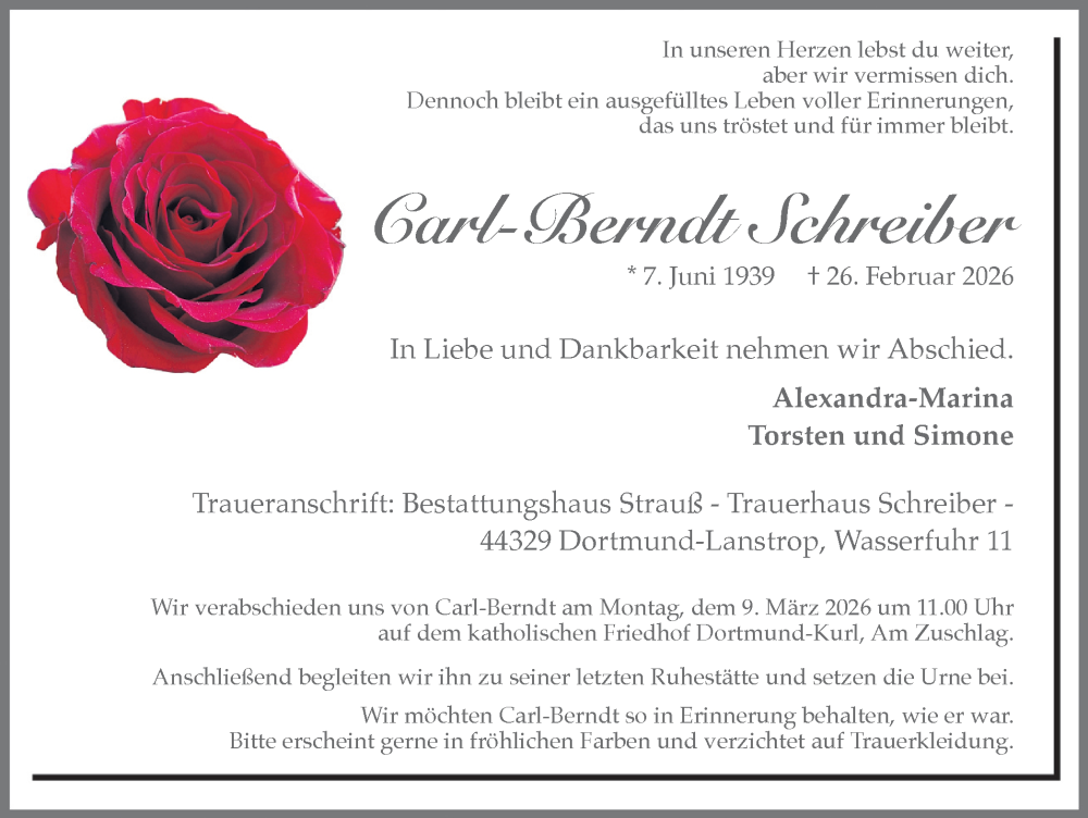 Traueranzeige für Carl-Berndt Schreiber vom 28.02.2026 aus Ruhr Nachrichten