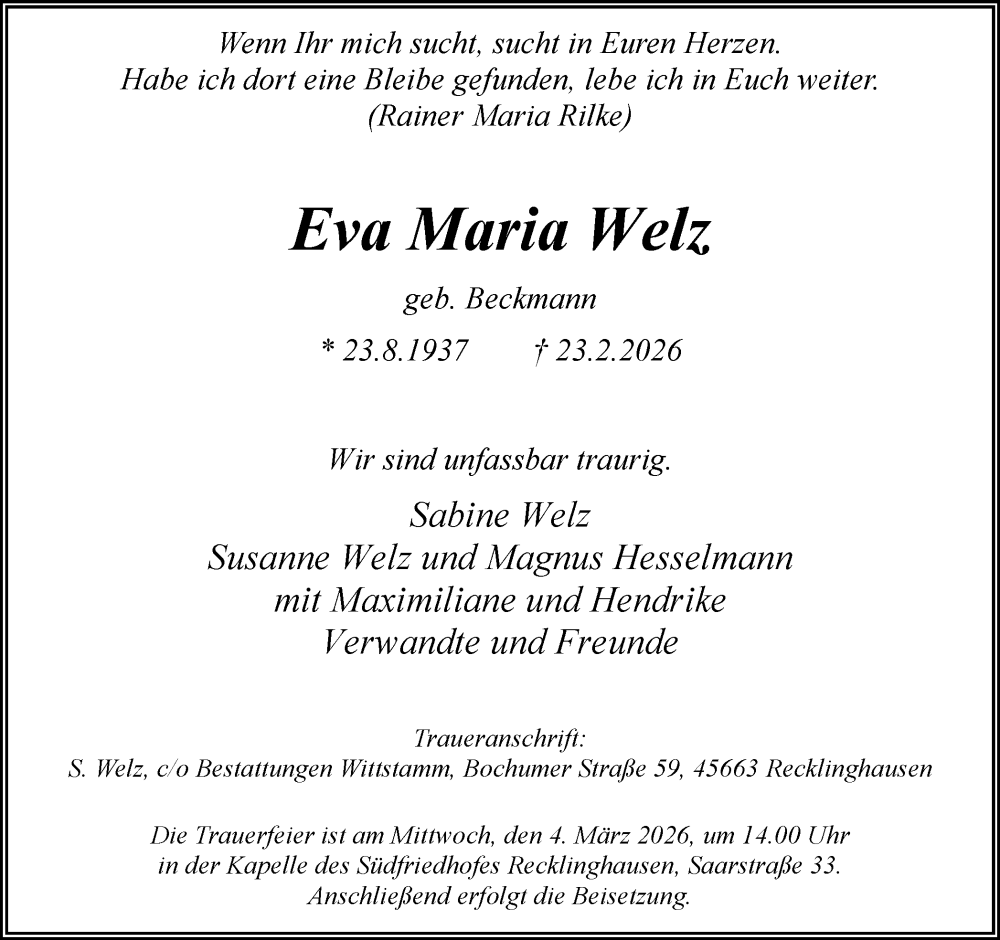  Traueranzeige für Eva Maria Welz vom 28.02.2026 aus Trauer Vest