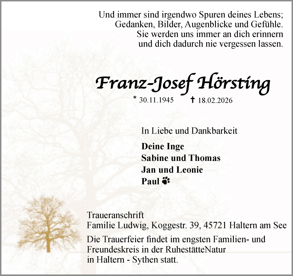  Traueranzeige für Franz-Josef Hörsting vom 28.02.2026 aus Ruhr Nachrichten und Halterner Zeitung