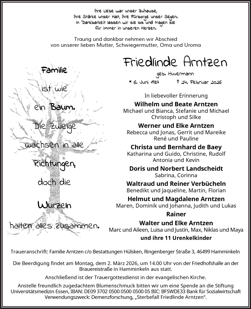  Traueranzeige für Friedlinde Arntzen vom 28.02.2026 aus 