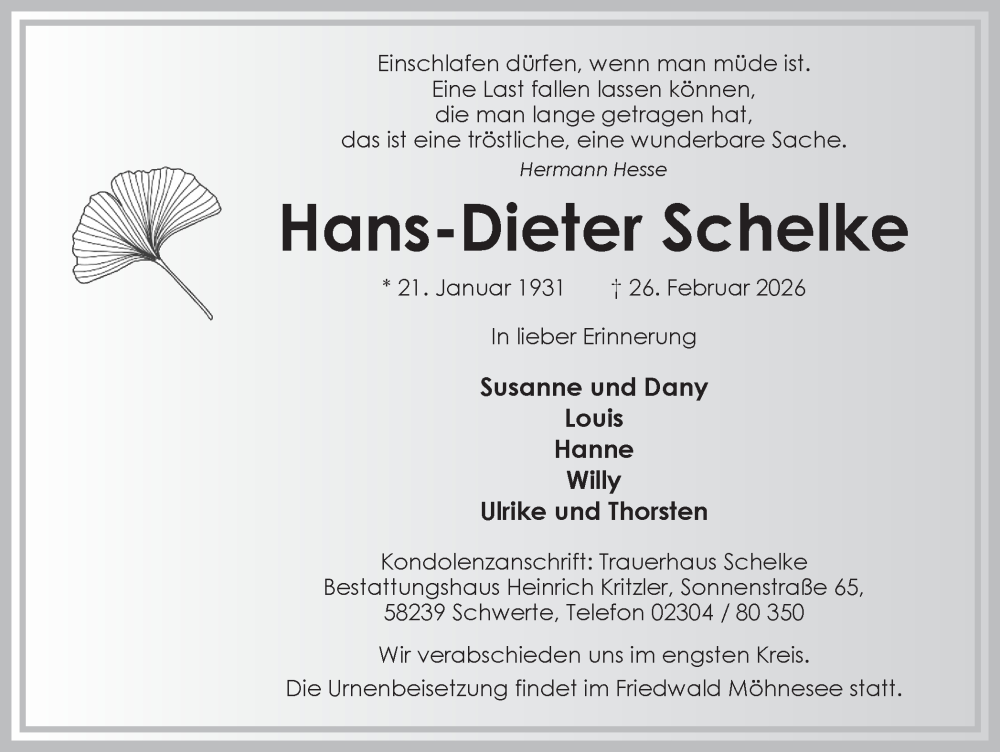  Traueranzeige für Hans-Dieter Schelke vom 28.02.2026 aus Ruhr Nachrichten
