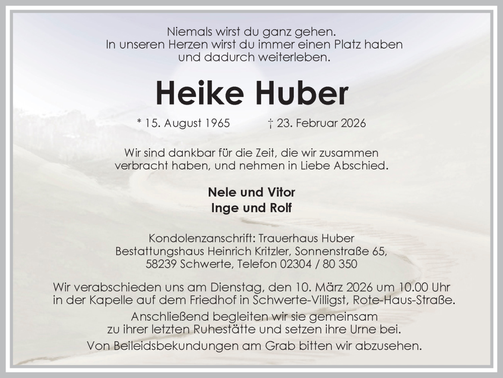  Traueranzeige für Heike Huber vom 28.02.2026 aus Ruhr Nachrichten