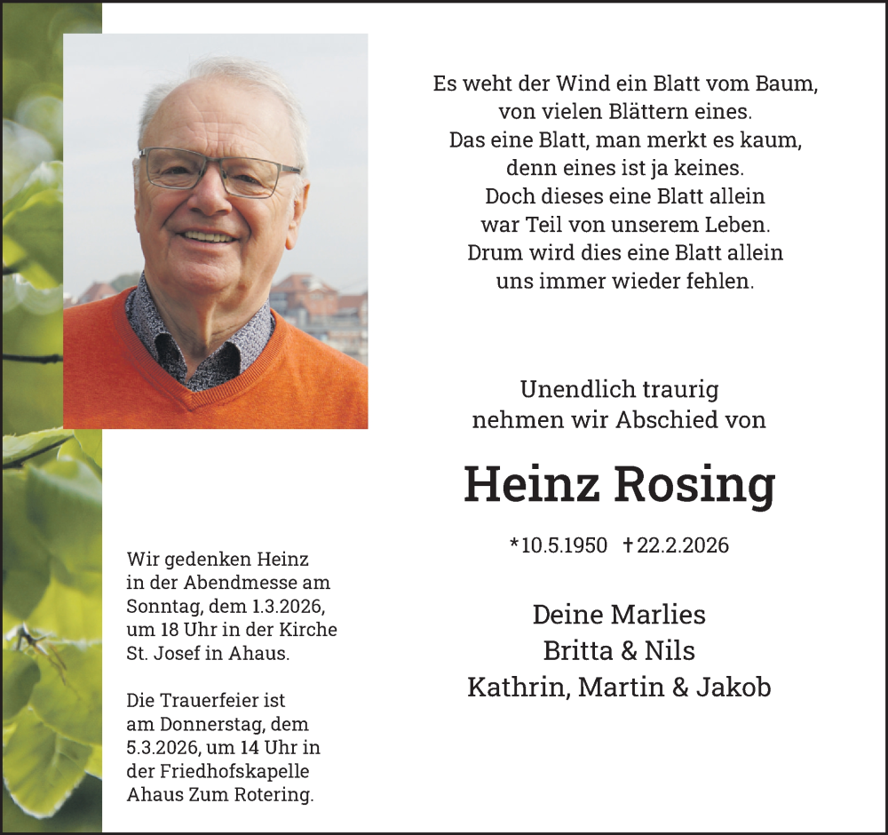  Traueranzeige für Heinz Rosing vom 28.02.2026 aus Münsterland Zeitung