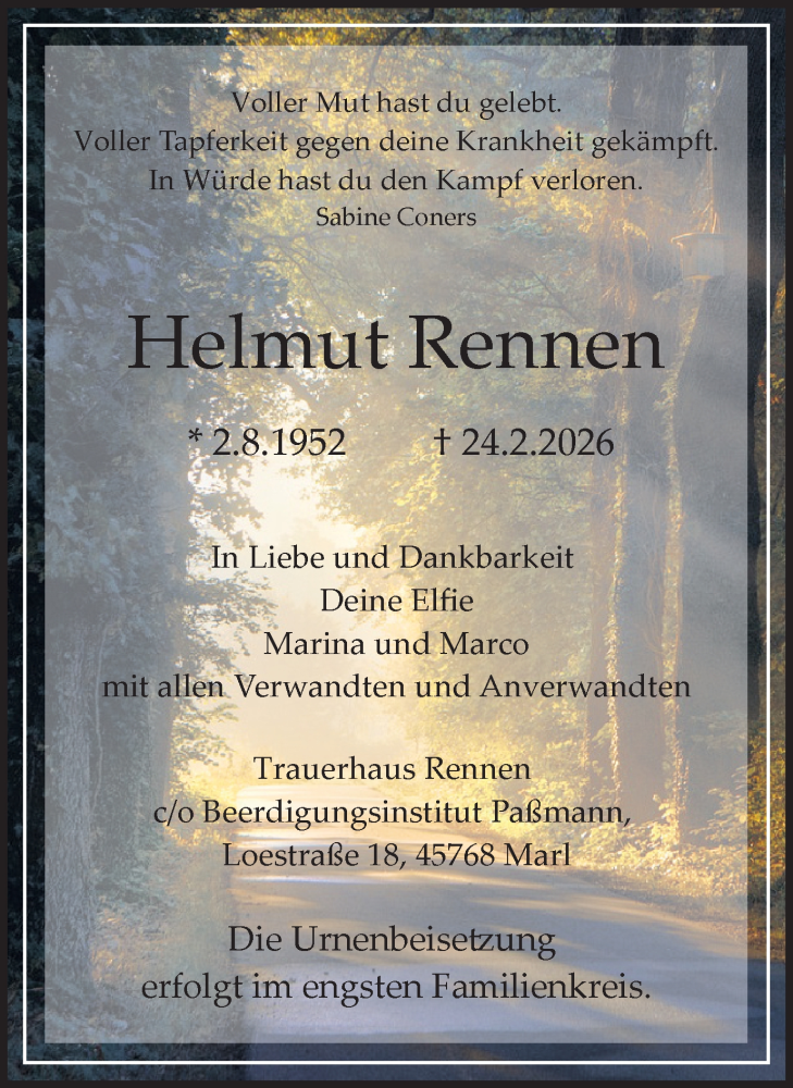  Traueranzeige für Helmut Rennen vom 28.02.2026 aus Trauer Vest