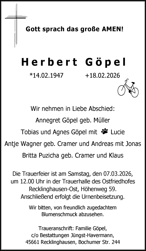  Traueranzeige für Herbert Göpel vom 28.02.2026 aus Trauer Vest