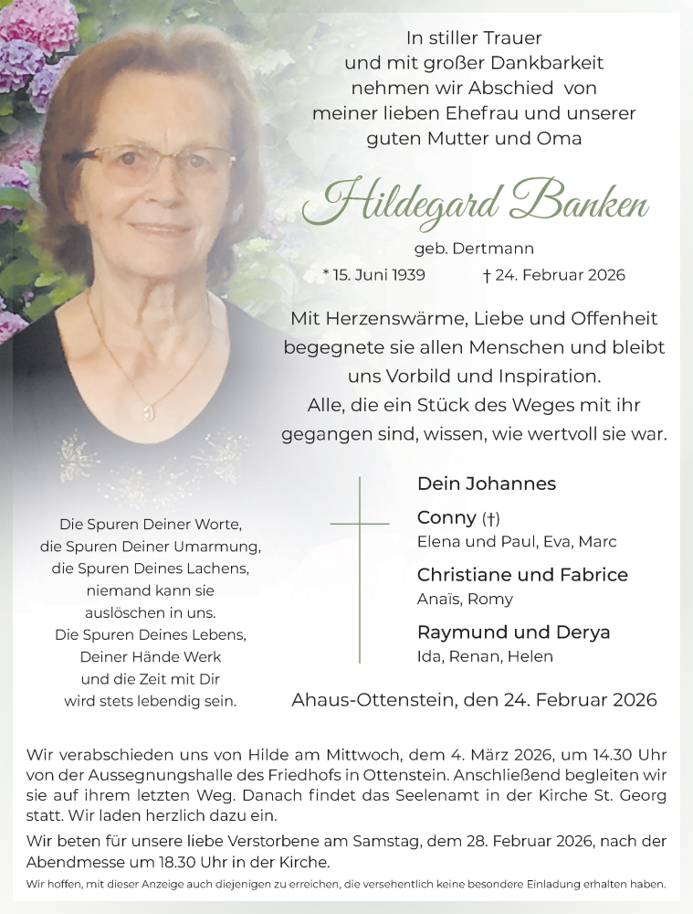  Traueranzeige für Hildegard Banken vom 28.02.2026 aus Münsterland Zeitung