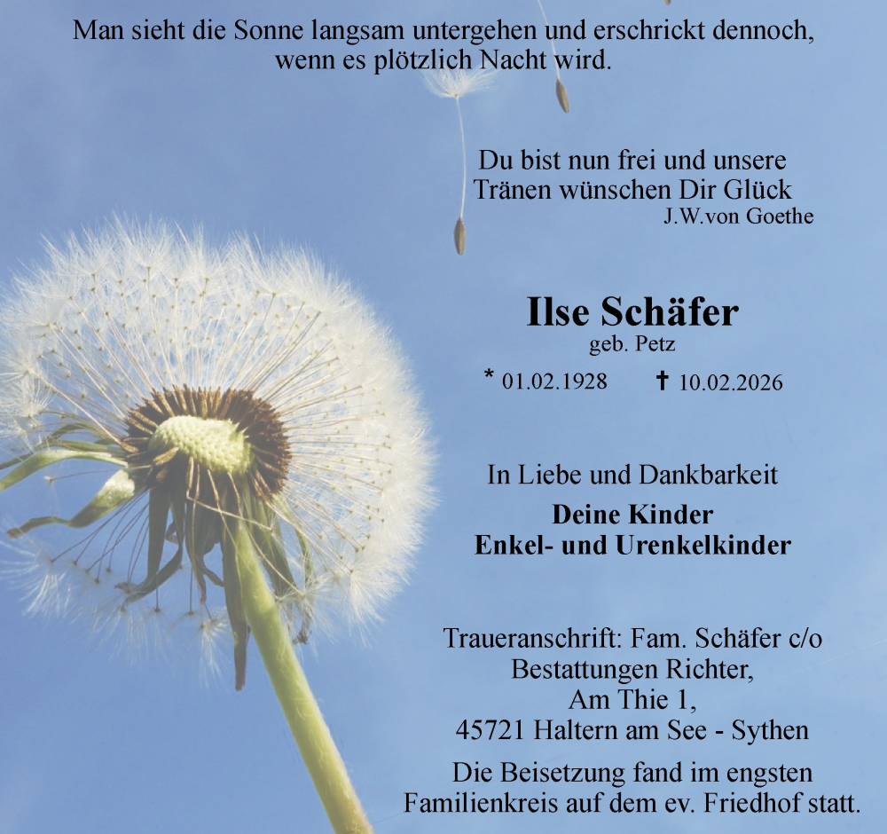  Traueranzeige für Ilse Schäfer vom 28.02.2026 aus Ruhr Nachrichten und Halterner Zeitung