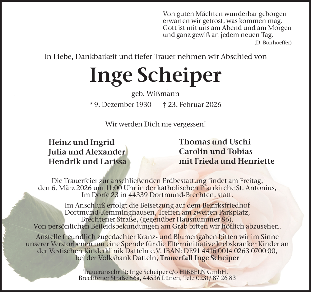  Traueranzeige für Inge Scheiper vom 28.02.2026 aus Ruhr Nachrichten