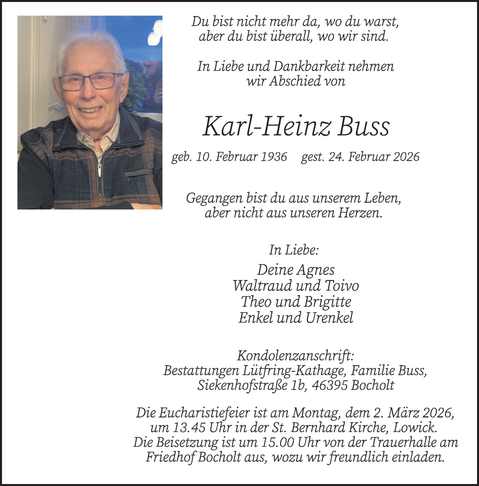  Traueranzeige für Karl-Heinz Buss vom 27.02.2026 aus 