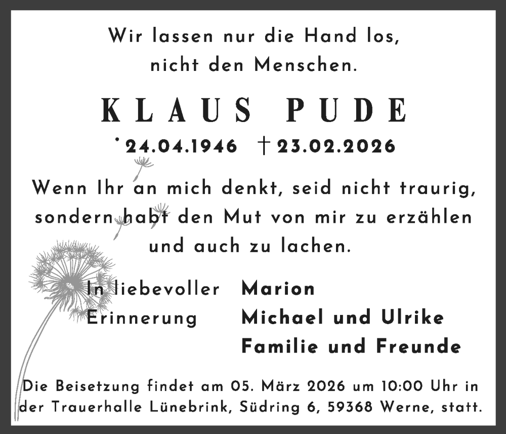  Traueranzeige für Klaus Pude vom 28.02.2026 aus Ruhr Nachrichten