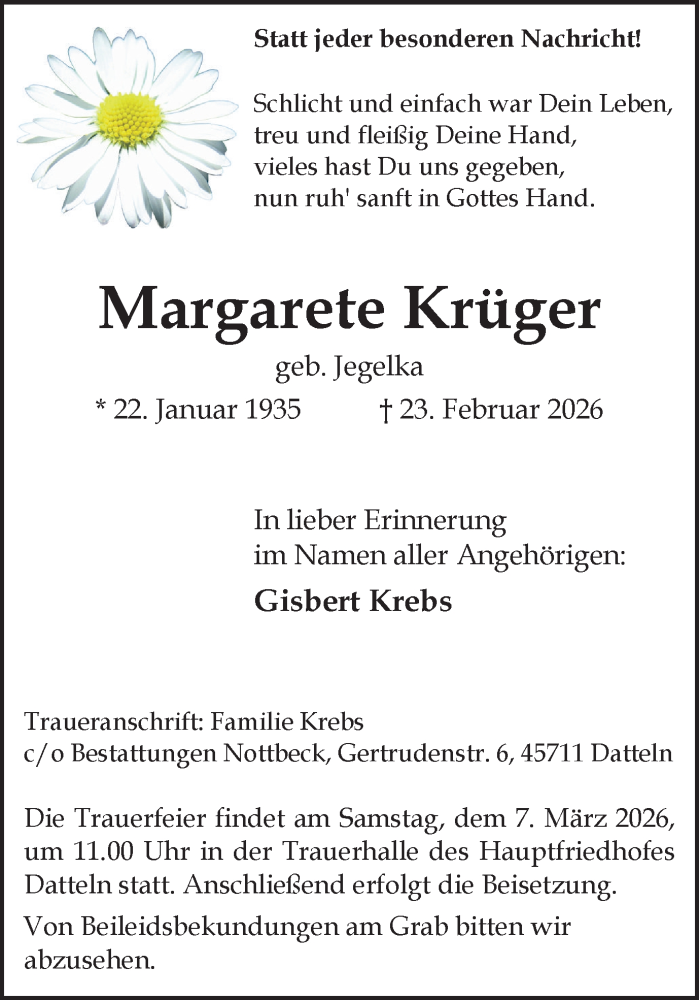  Traueranzeige für Margarete Krüger vom 28.02.2026 aus Trauer Vest