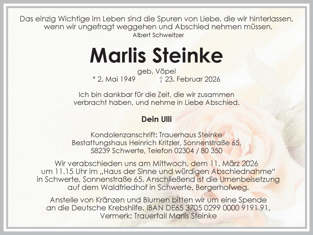  Traueranzeige für Marlis Steinke vom 28.02.2026 aus Ruhr Nachrichten