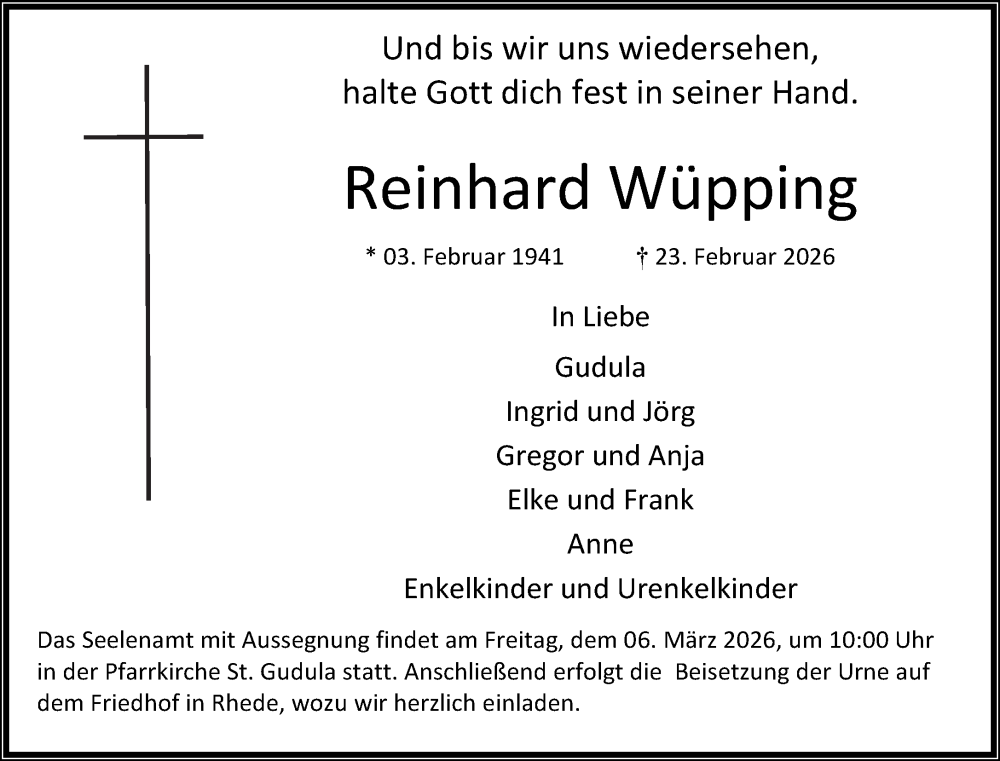  Traueranzeige für Reinhard Wüpping vom 28.02.2026 aus 
