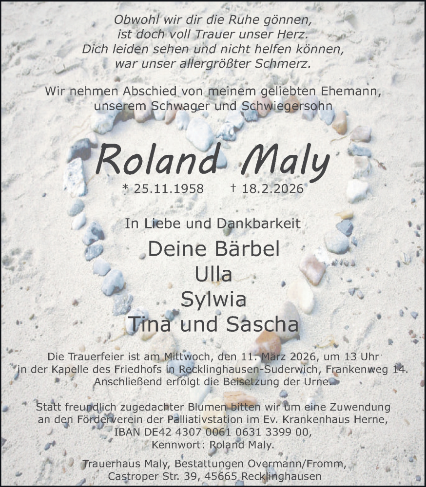  Traueranzeige für Roland Maly vom 28.02.2026 aus Trauer Vest