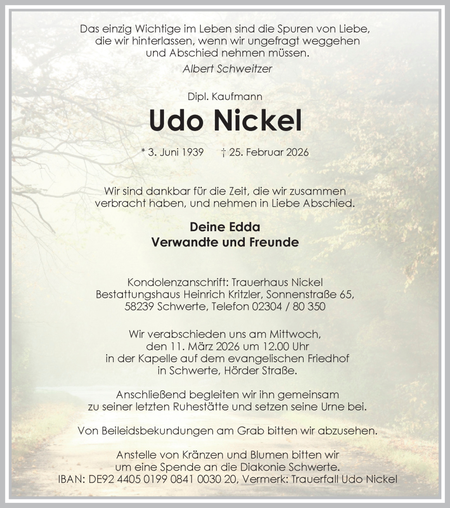  Traueranzeige für Udo Nickel vom 28.02.2026 aus Hellweger Anzeiger