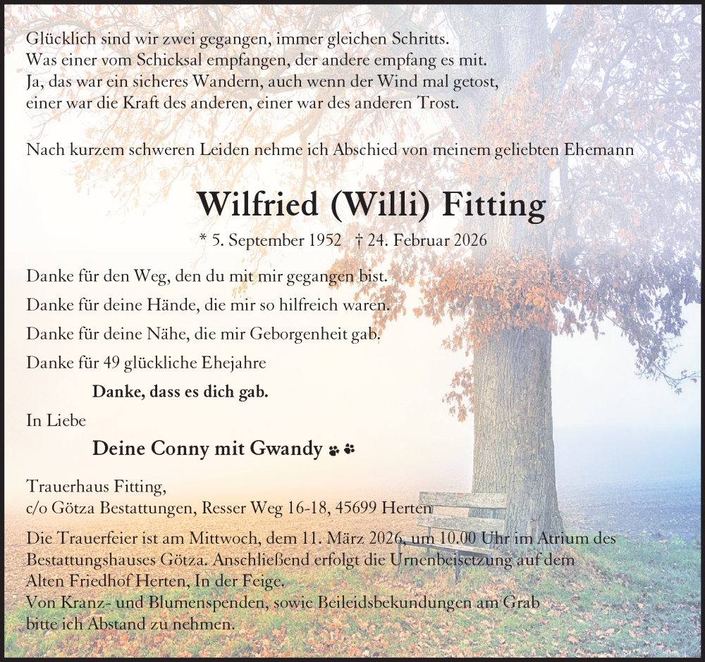  Traueranzeige für Wilfried Fitting vom 28.02.2026 aus Trauer Vest