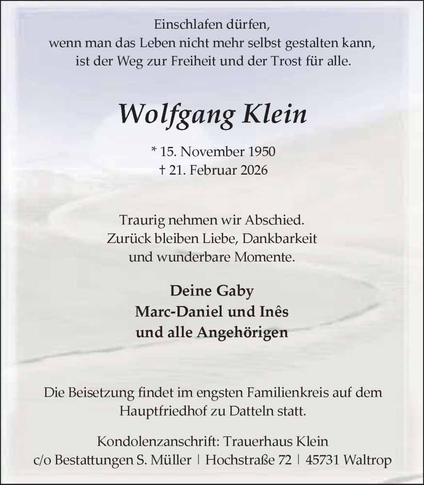  Traueranzeige für Wolfgang Klein vom 28.02.2026 aus Trauer Vest