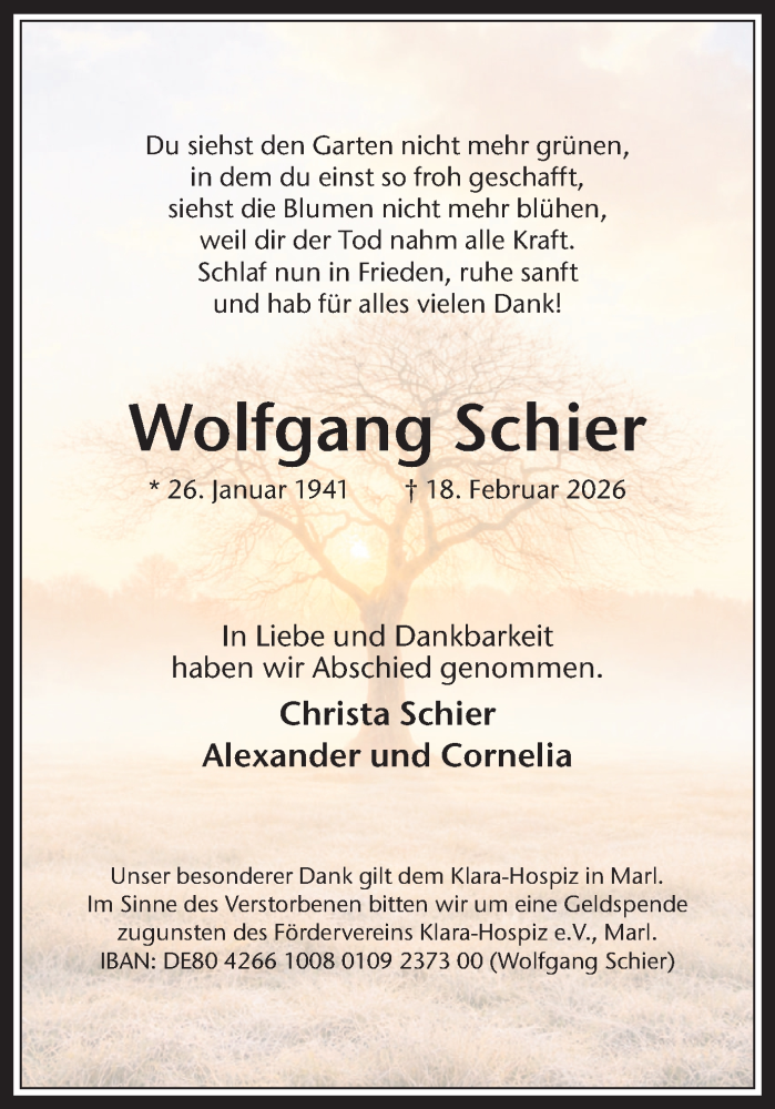  Traueranzeige für Wolfgang Schier vom 28.02.2026 aus Trauer Vest