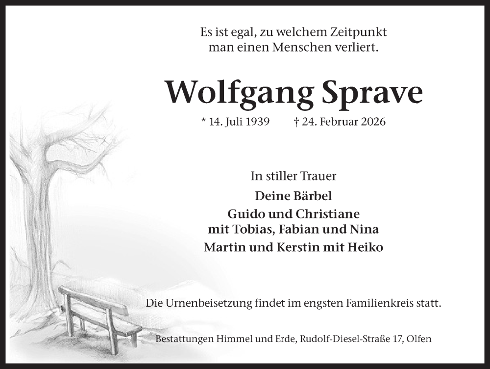  Traueranzeige für Wolfgang Sprave vom 28.02.2026 aus Ruhr Nachrichten