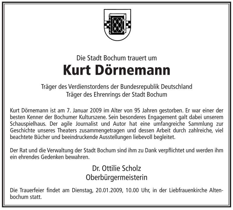  Traueranzeige für Kurt Dörnemann vom 17.01.2009 aus 