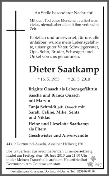 Traueranzeige von Dieter Saatkamp von Ruhr Nachrichten (Ausgabe Dortmund)