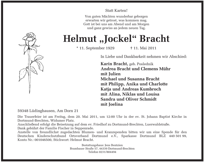  Traueranzeige für Helmut Bracht vom 14.05.2011 aus 