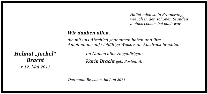  Traueranzeige für Helmut Bracht vom 18.06.2011 aus 