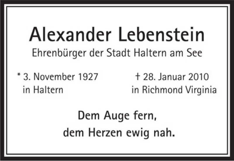  Traueranzeige für Alexander Lebenstein vom 28.01.2012 aus 